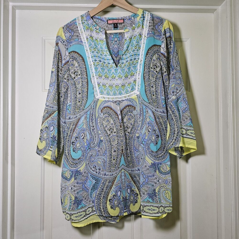 Olive Hill Boho Paisley Top Tunic Semi-sheer Turquoise Lime Green Tab Sleeve M